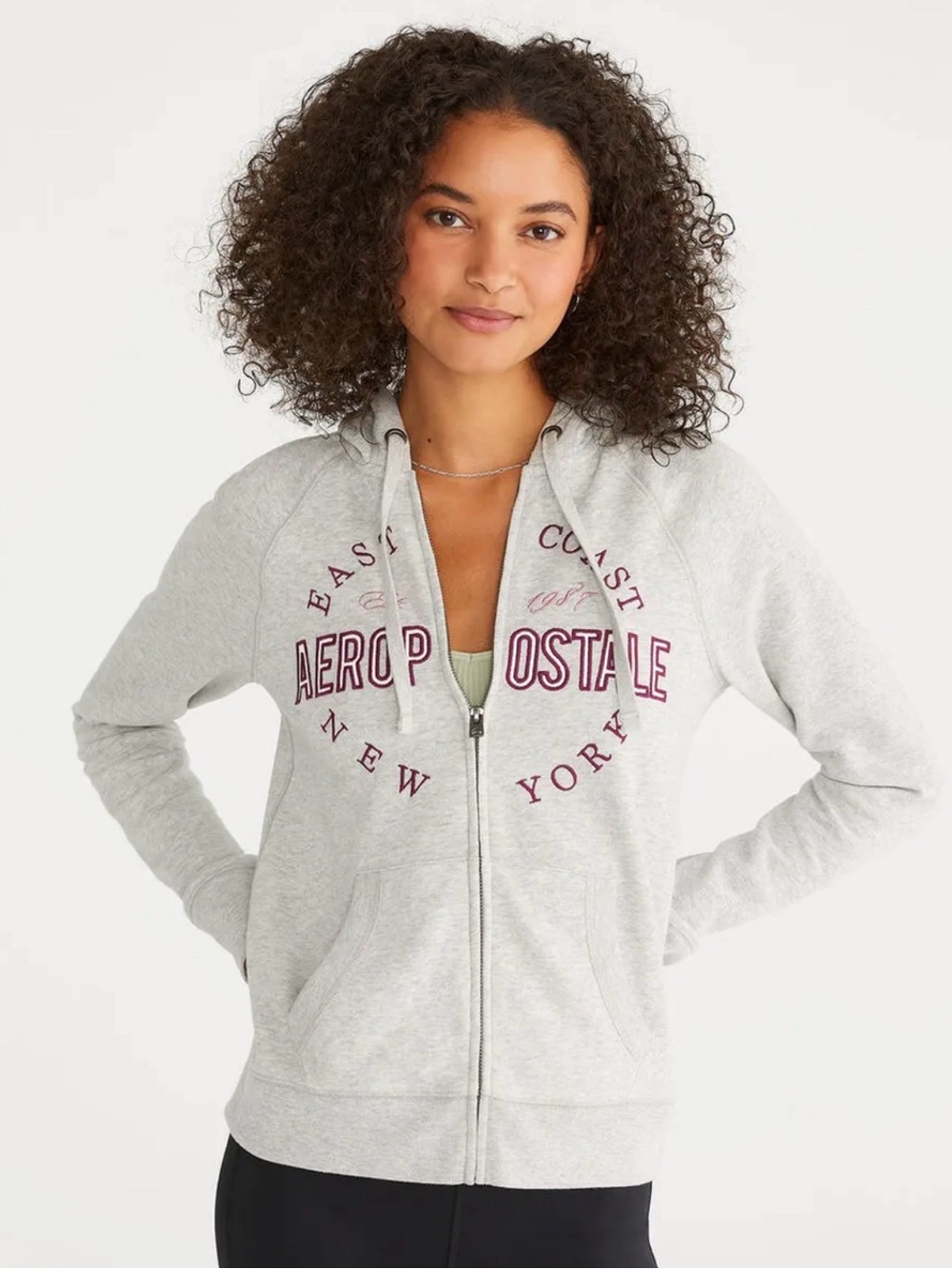 Aeropostale Light Gray Full-Zip Hoodie with Burgundy Logo